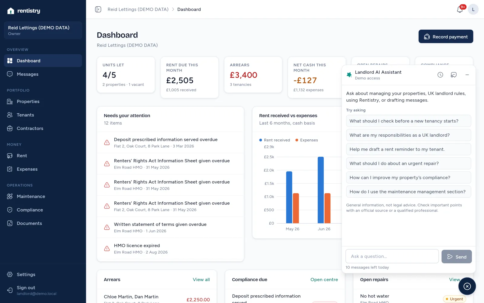 The Landlord AI Assistant on a demo account.