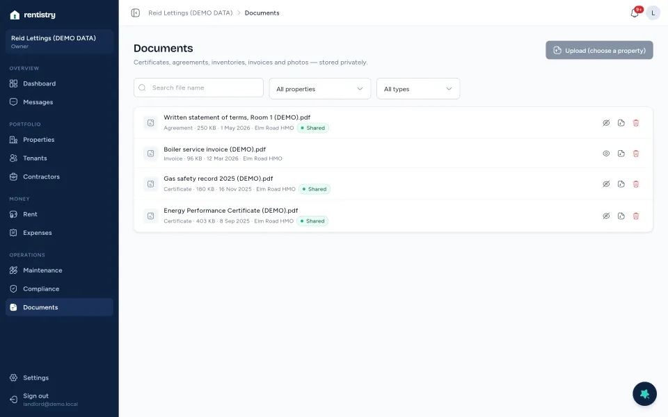 Rentistry Documents on demo data.