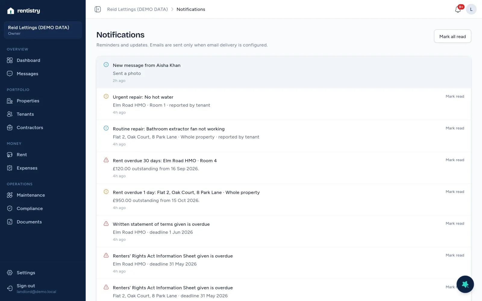 Rentistry notifications on demo data.