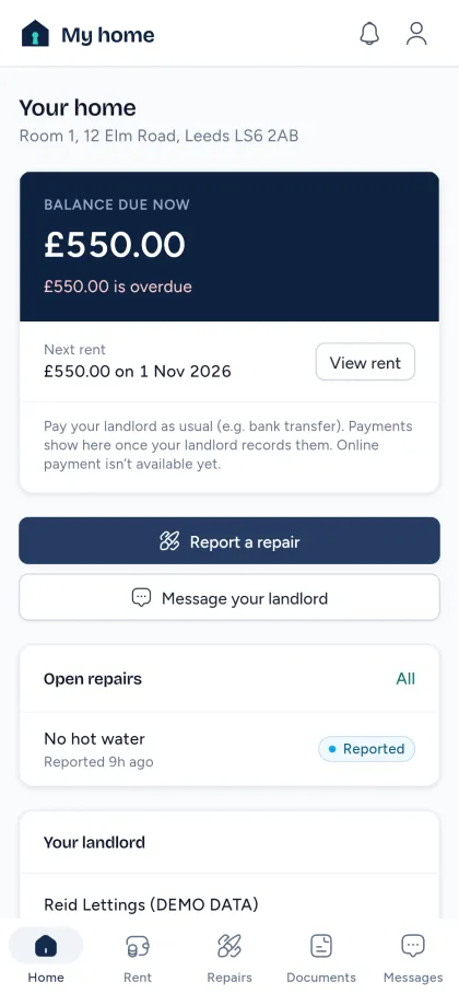 The tenant’s home screen on a phone: balance due, next rent date, Report a repair and Message your landlord.