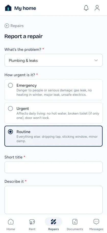 A tenant reporting a repair on a phone, choosing how urgent it is.