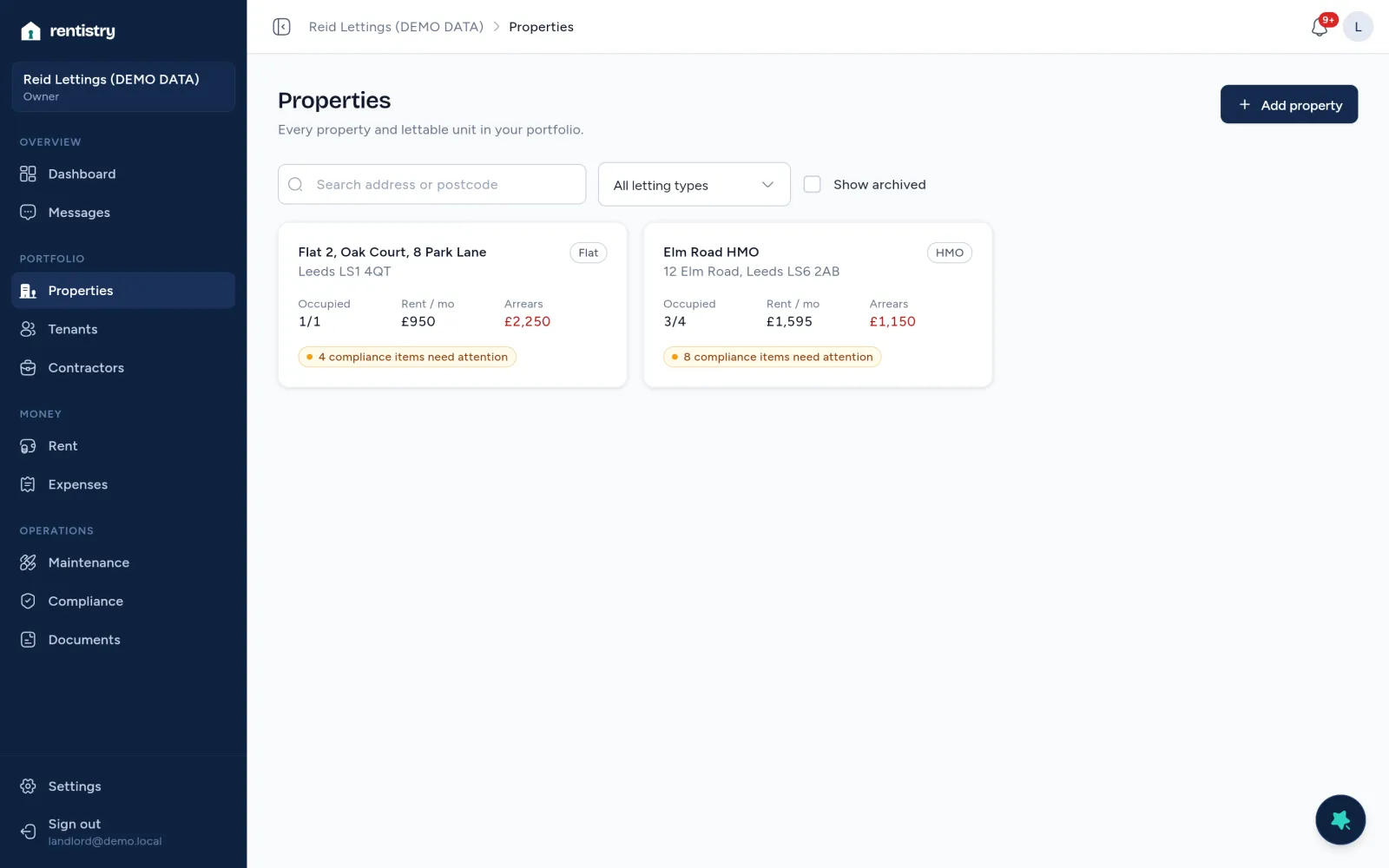 Rentistry Properties on demo data.